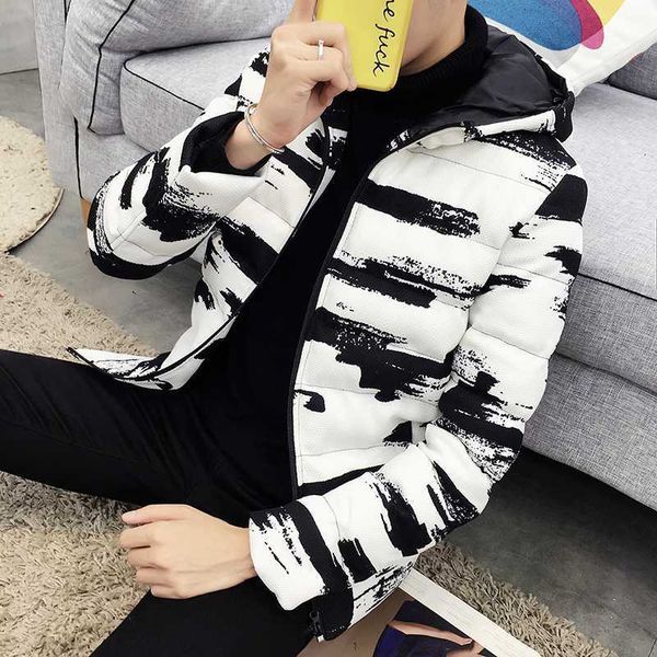 Men's Down & Parkas Winter Hooded Jacket Men Short Parka Black White Casual Warm Coat Thick Cotton Padded Male M8RL